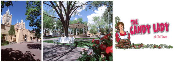 From left to right: San Felipe de Neri Church (credit: MarbleStreetStudio.com), Old Town Plaza Gazebo (credit: MarbleStreetStudio.com), and The Candy Lady